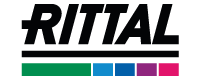The word Rittal in black with a black line underneath and green, light blue, dark blue, purple, and pink rectangles underneath that