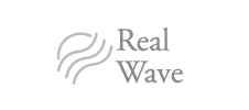 The words Real Wave in dark gray with four lighter gray curved lines positioned to the left of the words