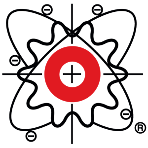 The Power/mation atom logo that has black outlines with a red circle center