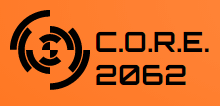 An orange rectangle with the words C.O.R.E. 2062 in black inside of it