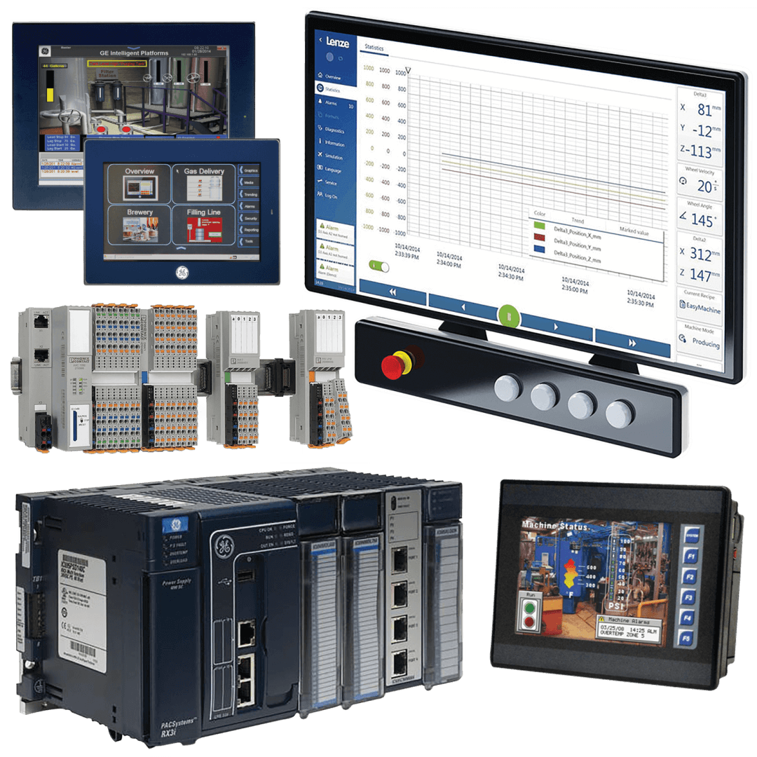 Five examples of logic control visualization products from brands like GE and Lenze including various types of monitors