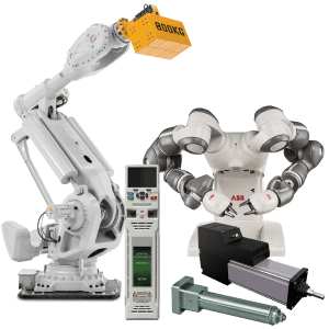 Two examples of robotic products by ABB including one that can lift a yellow 800KG weight and a robot with two working arms