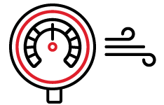 A black and red circle with black air movement coming out of it