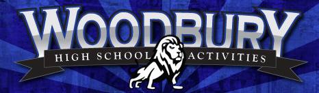 A blue rectangle with the words Woodbury High School Acitivities in gray with a white lion