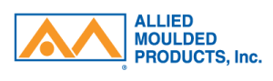 The words Allied Moulded Products, Inc. in blue with a blue square with two orange triangles to the left of it
