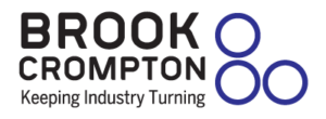 The words Brook Crompton Keeping Industry Turning in black with three blue circles to the right of it