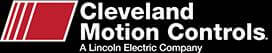 A black rectangle with the words Cleveland Motion Controls A Lincoln Electric Company in white with a red rectangle with three white lines inside of it to the left of the words
