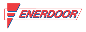 A red outlined rectangle with the word Enerdoor in red with a blue shadow and a red triangle to the left of the word