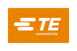 An orange rectangle with the words TE connectivity inside of it in white with three horizontal white lines