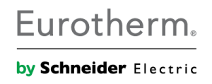 The word Eurotherm in gray lettering with a line underneath and the word by in green with the words Schneider Electric in balck underneath that