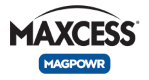 The word Maxcess in black with a black arc above it and a blue rounded rectangle below it with the word MAGPOWR in white