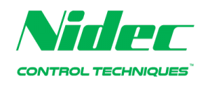 The word Nidec in green with the words control techniques in green underneath it