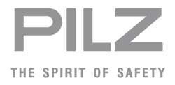 The words PILZ The Spirit of Safety in gray lettering