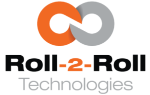 Two orange and gray linked circles with the words Roll-2-Roll in black underneath it and the word Technologies in gray underneath that