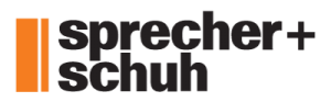 The words sprecher + schuh in black with two orange rectangles to the left of the words