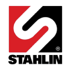 A gray dashed square outline with a red and blue square inside of it and the word Stahlin underneath the square in black