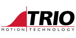 The word TRIO in black next to a red upwards curve with the words motion technology underneath in black