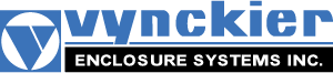 The word Vynckier in blue with a black rectangle underneath it that says Enclosure Systems Inc. in white and a blue rectangle with a large blue V to the left of the words