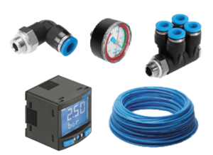 Five small parts including a pressure gauge, blue cables, two blue and black plastic parts, and a monitor that reads 2.50