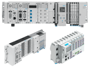 Three light gray, blue, and black control technology boxes by Festo