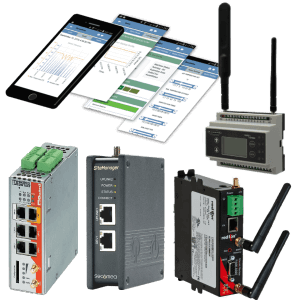 Five different examples of industrial internet networking products from brands like Banner, Red Lion, Secomea, and Phoenix Contact