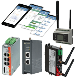 Five different examples of industrial internet networking products from brands like Banner, Red Lion, Secomea, and Phoenix Contact