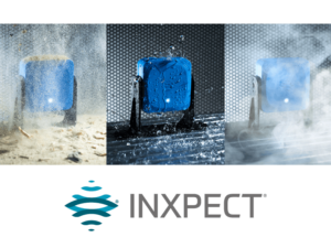 A blue Inxpect motion sensor shown in three different scenarios such as water, steam, and sand with the Inxpect logo underneath it