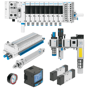 Eight Festo pneumatic products including pressure gauges, pneumatic bars, and more