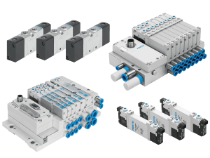 Four examples of valves and manifolds that are light gray, blue, and black manfucatured by Festo